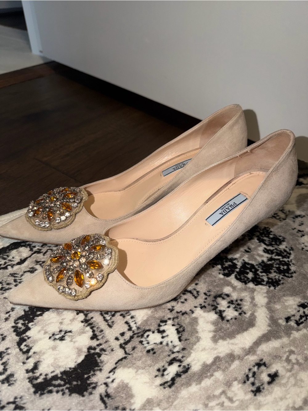 Prada Beige Suede Pointed-Toe Pumps with Jeweled Brooch